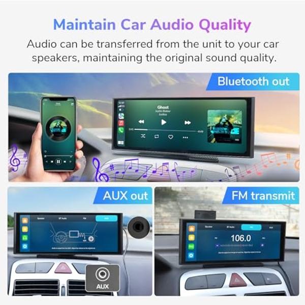 Eonon 10.26 Inch Wireless Apple CarPlay Screen Portable Car Stereo Receiver, Android Auto Touch Screen Car Radio with Bluetooth, FM/AM, Mirror Link, GPS Navigation, 4K Front Cam, 1