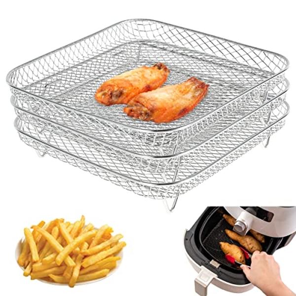 8 Inch Stackable Square Air Fryer Rack Set of 3, Multi-Layer Stainless Steel Dehydrator Rack, Air Fryer Accessories for Cosori, Instant Vortex, Nuwave, Ninja Foodi Grill