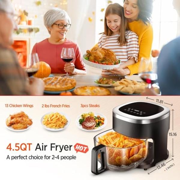 6-IN-1 Glass Air Fryer with 4.5 QT Capacity,Air Fry, Roast, Reheat, Dehydrate, Air Crisp Technology,Nonstick & Dishwasher Safe Basket,97% Less Oil,Features Digital Timer1