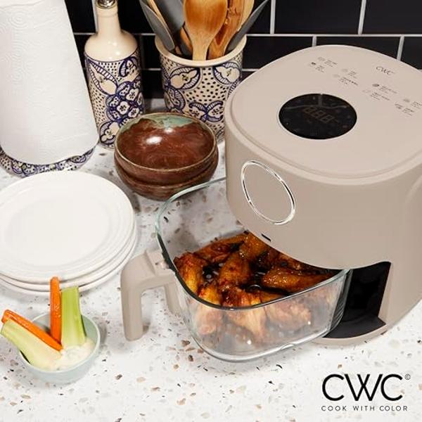 Cook with Color 1200W 4Qt Air Fryer: Stylish Design, Glass Basket, Dishwasher Safe, Digital Display, 6 Presets - Variable Temp 175°F to 400°F & 60-Min Timer - Greige