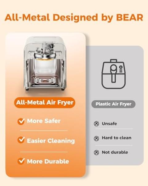 Bear Air Fryer, All Metal 8 in 1 Airfryer Timer Temp Adjustable Fast Family Meals with Cookbook, 6.4Qt Large Visible Window Roast Bake Crisp Reheat Frozen Fries Steak, Non-Stick Ba
