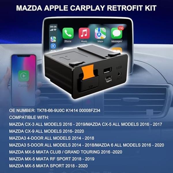 Mazda Type-C Wireless Carplay Retrofit Kit, TK78-66-9U0C OEM Media Hub to MZD Connect System, Compatible with Mazda 2/3/6/CX3/CX5/CX9/MX5 2015-2020 (Only Supporting Wireless Carpla