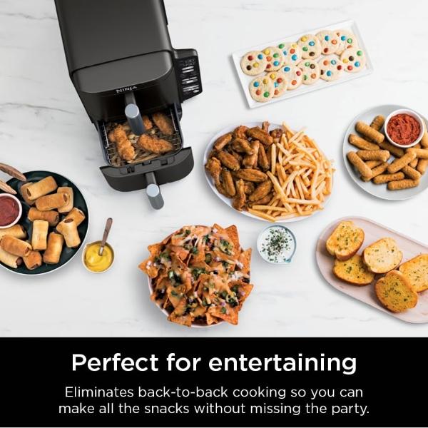 Ninja DoubleStack 2-Basket Air Fryer, DoubleStack Technology Cooks 4 Foods at Once, 8 QT, 6-in-1, Smart Finish & Match Cook, Air Fry, Broil, Bake, Easy Meals & Clean, Black, SL201 