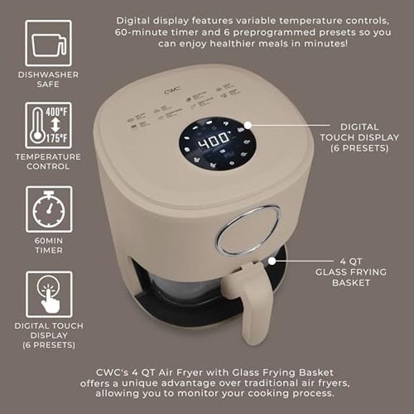 Cook with Color 1200W 4Qt Air Fryer: Stylish Design, Glass Basket, Dishwasher Safe, Digital Display, 6 Presets - Variable Temp 175°F to 400°F & 60-Min Timer - Greige