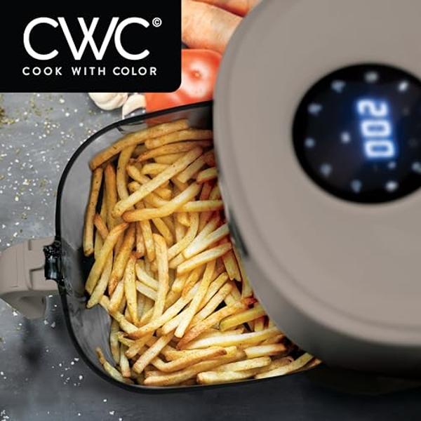 Cook with Color 1200W 4Qt Air Fryer: Stylish Design, Glass Basket, Dishwasher Safe, Digital Display, 6 Presets - Variable Temp 175°F to 400°F & 60-Min Timer - Goat/Mink