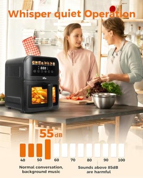 Bear Air Fryer, All Metal 8 in 1 Airfryer Timer Temp Adjustable Fast Family Meals with Cookbook, 6.4Qt Large Visible Window Roast Bake Crisp Reheat Frozen Fries Steak, Non-Stick Ba