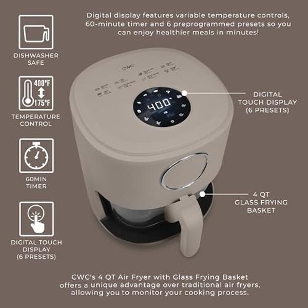 Cook with Color 1200W 4Qt Air Fryer: Stylish Design, Glass Basket, Dishwasher Safe, Digital Display, 6 Presets - Variable Temp 175°F to 400°F & 60-Min Timer - Goat/Mink