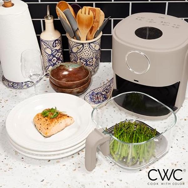 Cook with Color 1200W 4Qt Air Fryer: Stylish Design, Glass Basket, Dishwasher Safe, Digital Display, 6 Presets - Variable Temp 175°F to 400°F & 60-Min Timer - Greige