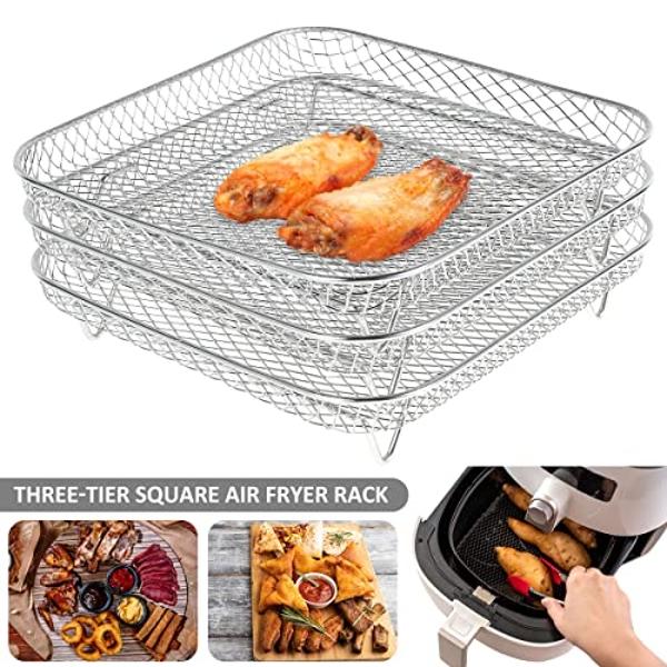 8 Inch Stackable Square Air Fryer Rack Set of 3, Multi-Layer Stainless Steel Dehydrator Rack, Air Fryer Accessories for Cosori, Instant Vortex, Nuwave, Ninja Foodi Grill