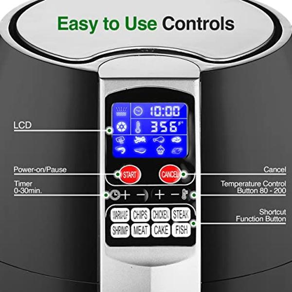 NutriChef Hot Air Fryer Oven - w/Digital Display, Electric Big 3.7 Qt Capacity Stainless Steel Kitchen Oilless Convection Power Multi Cooker w/Basket Pan - Use for Baking, Grill - 