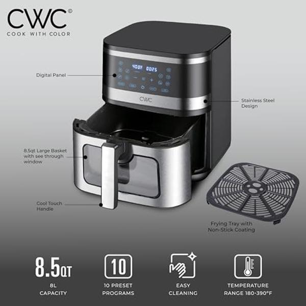 Nuwave 8QT Brio Air Fryer Plus Deep Blue, Digital LED Touch Screen with Cool White Display, 50°F~400°F in Precise 5°, 3 Wattage Alternatives, 5 Cook Functions, 50 Memory, PFAS Free