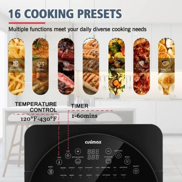 CUSIMAX Air Fryer Toaster Oven, 15.5 Quart Air Fryer Combo, 16-in-1 Air Fryer Toaster Oven, Large Convection Roaster with Rotisserie & Dehydrator, Rich Accessories, Digital Control