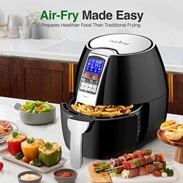 NutriChef Hot Air Fryer Oven - w/Digital Display, Electric Big 3.7 Qt Capacity Stainless Steel Kitchen Oilless Convection Power Multi Cooker w/Basket Pan - Use for Baking, Grill - 