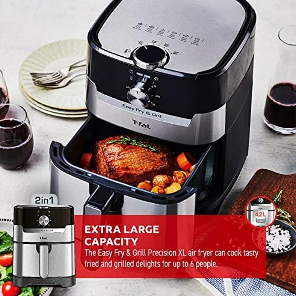 T-fal Easy Fry and Grill Air fryer, Stainless Steel, 4.4Quart/4.2L, Die Cast Grill Plate, Digital Recipe Book
