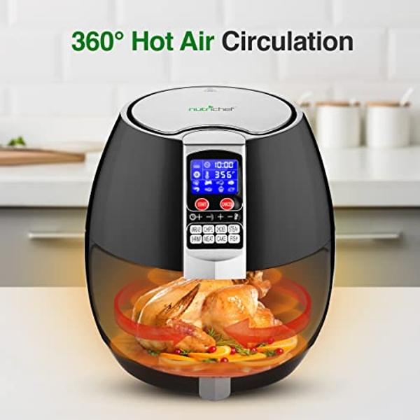 NutriChef Hot Air Fryer Oven - w/Digital Display, Electric Big 3.7 Qt Capacity Stainless Steel Kitchen Oilless Convection Power Multi Cooker w/Basket Pan - Use for Baking, Grill - 