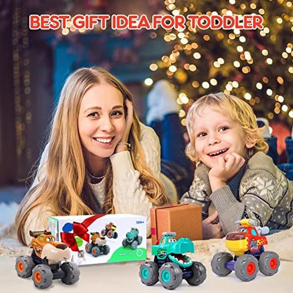 Toy Cars For 1 2 3 Year Old 3 Pack Monster truck Toys Crocodile Bull Leopard Pull Back Car Big Wheel Animal Toy Trucks for Toddler 1-3 Baby Toys 12 18 Months Boy Girl Toddler Toy f