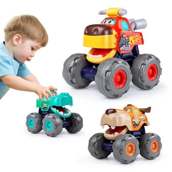 Toy Cars For 1 2 3 Year Old 3 Pack Monster truck Toys Crocodile Bull Leopard Pull Back Car Big Wheel Animal Toy Trucks for Toddler 1-3 Baby Toys 12 18 Months Boy Girl Toddler Toy f