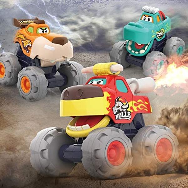 Toy Cars For 1 2 3 Year Old 3 Pack Monster truck Toys Crocodile Bull Leopard Pull Back Car Big Wheel Animal Toy Trucks for Toddler 1-3 Baby Toys 12 18 Months Boy Girl Toddler Toy f