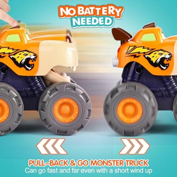 Toy Cars For 1 2 3 Year Old 3 Pack Monster truck Toys Crocodile Bull Leopard Pull Back Car Big Wheel Animal Toy Trucks for Toddler 1-3 Baby Toys 12 18 Months Boy Girl Toddler Toy f