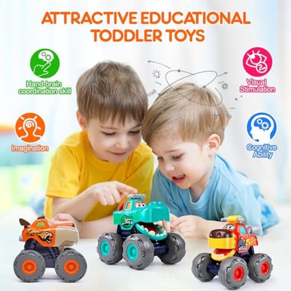 Toy Cars For 1 2 3 Year Old 3 Pack Monster truck Toys Crocodile Bull Leopard Pull Back Car Big Wheel Animal Toy Trucks for Toddler 1-3 Baby Toys 12 18 Months Boy Girl Toddler Toy f