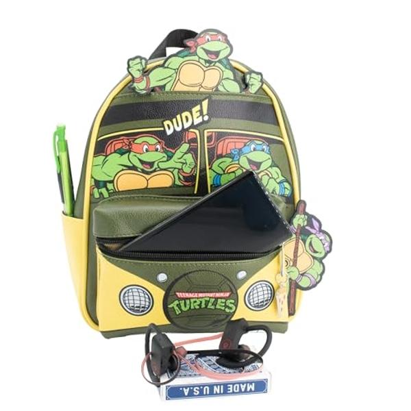 AI ACCESSORY INNOVATIONS Teenage Mutant Ninja Turtles Mini PU Backpack Purse, TMNT Shoulder Bag with Epoxy Filled Metal Pizza Charm, 10.5 Inch, Adjustable Shoulder Straps, Faux Lea