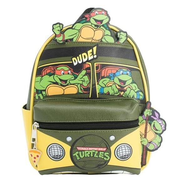 AI ACCESSORY INNOVATIONS Teenage Mutant Ninja Turtles Mini PU Backpack Purse, TMNT Shoulder Bag with Epoxy Filled Metal Pizza Charm, 10.5 Inch, Adjustable Shoulder Straps, Faux Lea