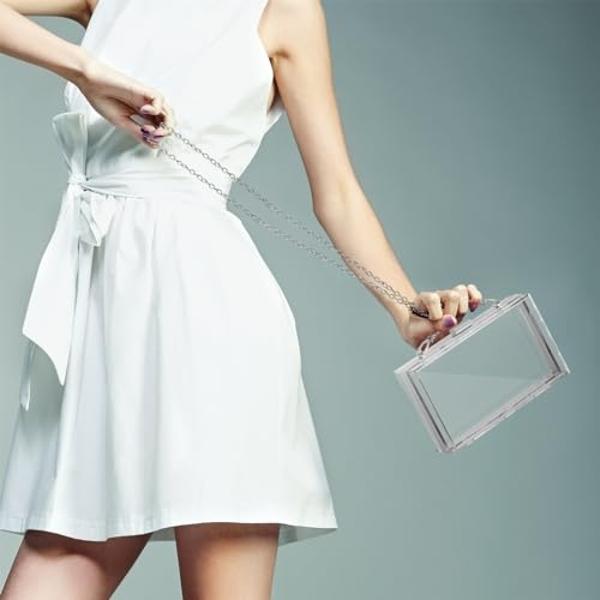 WJCD Women Clear Purse Acrylic Box Clutch Handbag, Small Transparent Crossbody Evening Bag Stadium Approved Gold Chain Strap (Silver)