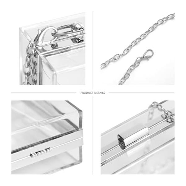 WJCD Women Clear Purse Acrylic Box Clutch Handbag, Small Transparent Crossbody Evening Bag Stadium Approved Gold Chain Strap (Silver)