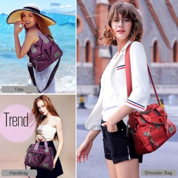 Women Tote Bag with Multi Pockets and Zipper, Large Shoulder Handbag Stylish Nylon Tote Handbag for Women Fashion Cross body Purse Messenger Bag for Work,Travel (Red)