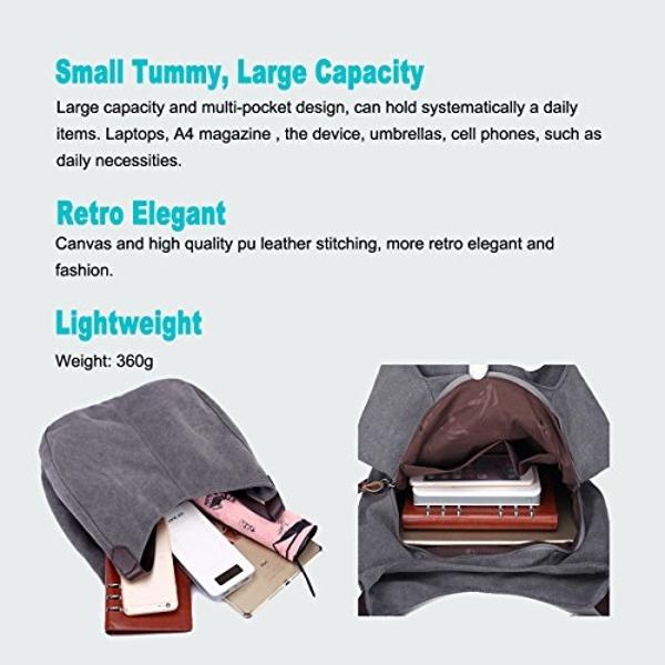 DOURR Women's Multi-pocket Shoulder Bag Fashion Cotton Canvas Handbag Tote Purse (Purple Coffee - Medium Size)