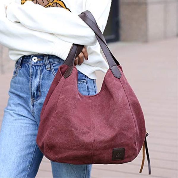 DOURR Women's Multi-pocket Shoulder Bag Fashion Cotton Canvas Handbag Tote Purse (Purple Coffee - Medium Size)
