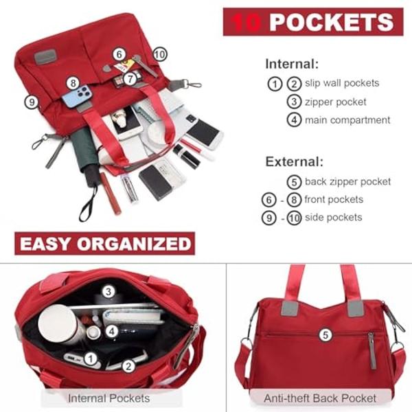 Women Tote Bag with Multi Pockets and Zipper, Large Shoulder Handbag Stylish Nylon Tote Handbag for Women Fashion Cross body Purse Messenger Bag for Work,Travel (Red)