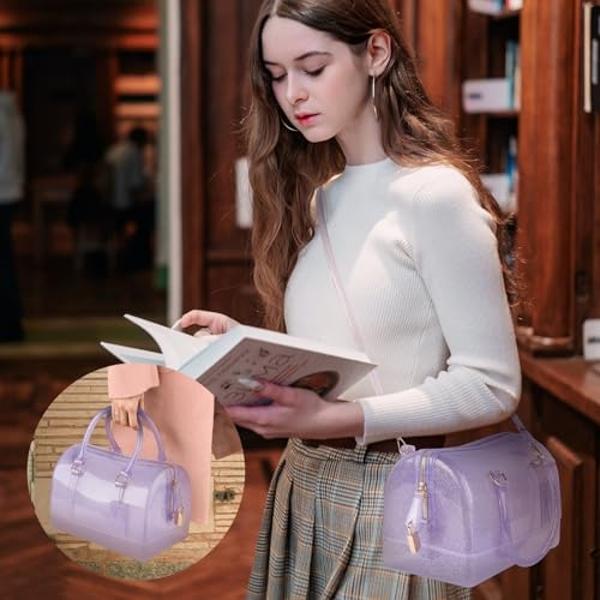 MIFORINES Ladies Summer Jelly Pillow-shaped Top Handle Handbag Candy Color Transparent Crystal Purse (Glitter Purple)