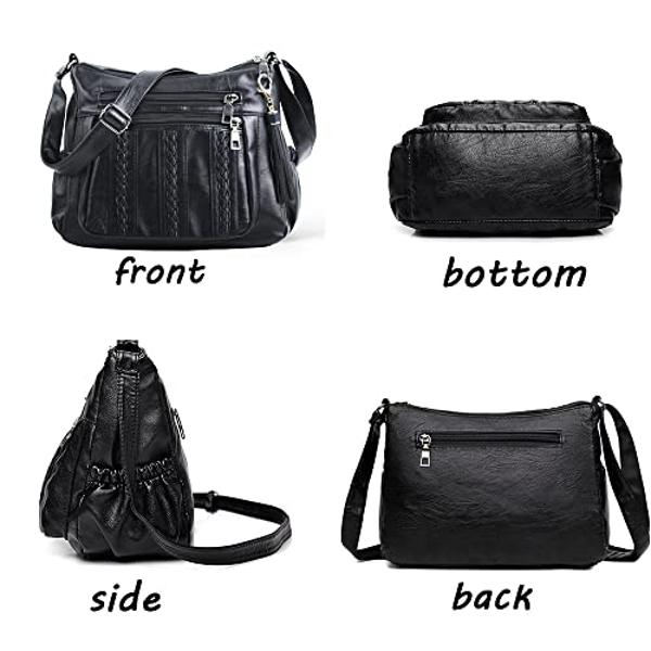 ELDA Purses for Women Pocketbooks Soft PU Leather Ladies Crossbody Purse Multi Pocket Shoulder Bag (Black)