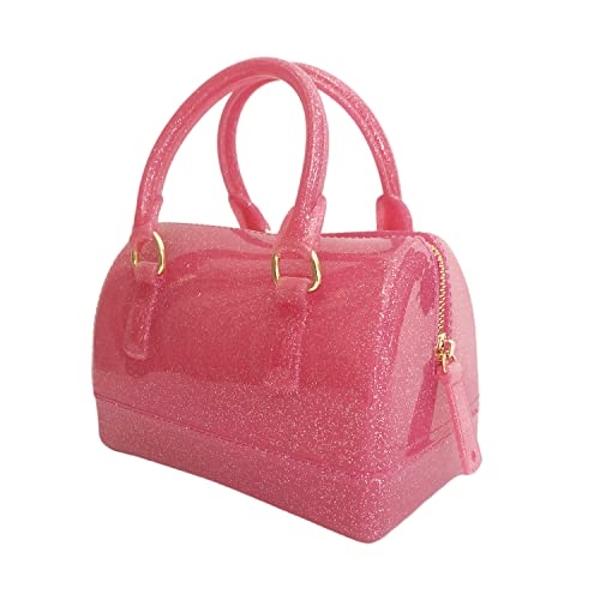 Ladies Summer Jelly Pillow-shaped Top Handle Handbag Candy Color Transparent Crystal Purse (Glitter Fushia Mini)