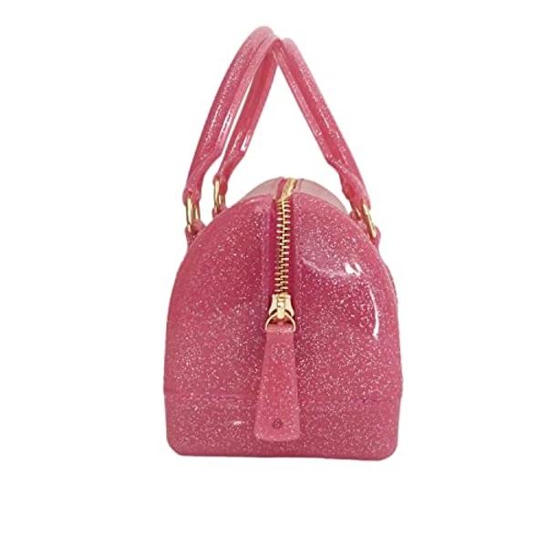 Ladies Summer Jelly Pillow-shaped Top Handle Handbag Candy Color Transparent Crystal Purse (Glitter Fushia Mini)