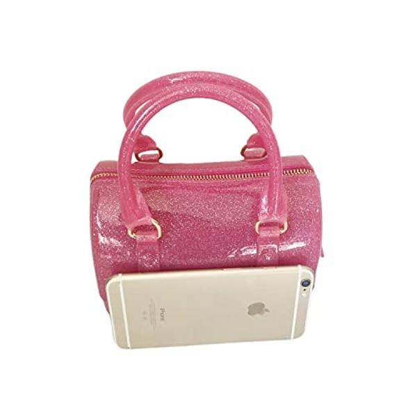 Ladies Summer Jelly Pillow-shaped Top Handle Handbag Candy Color Transparent Crystal Purse (Glitter Fushia Mini)