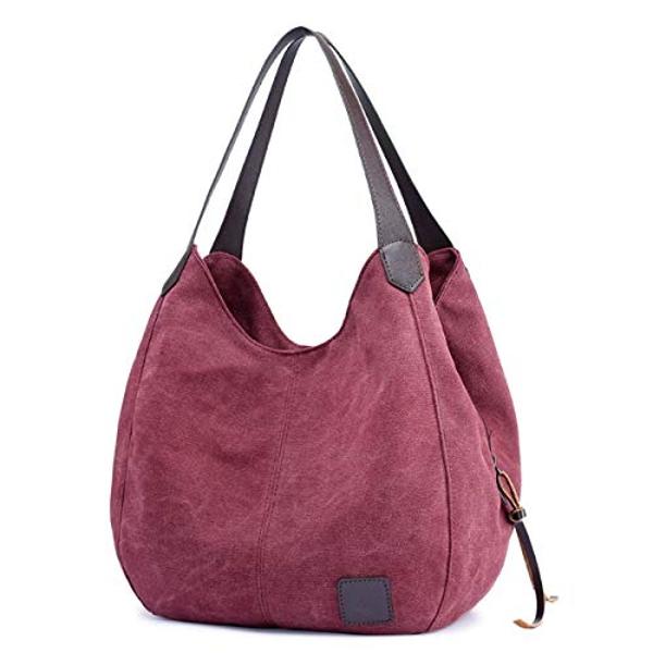 DOURR Women's Multi-pocket Shoulder Bag Fashion Cotton Canvas Handbag Tote Purse (Purple Coffee - Medium Size)
