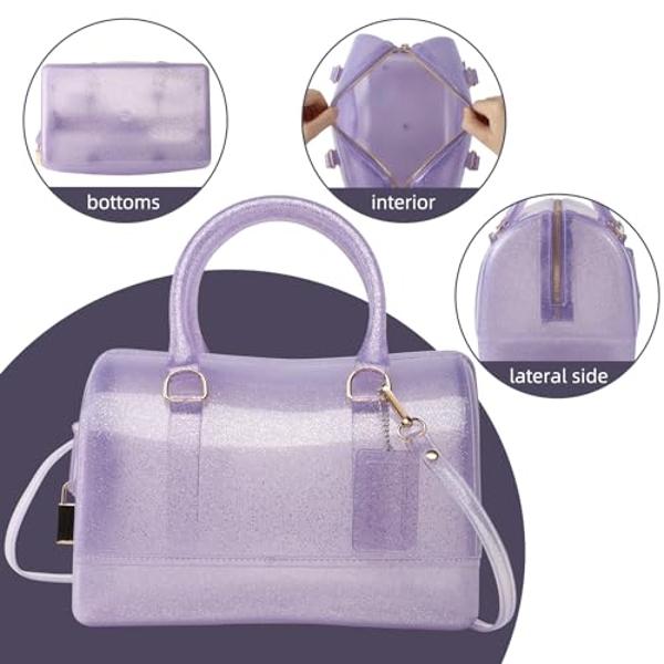 MIFORINES Ladies Summer Jelly Pillow-shaped Top Handle Handbag Candy Color Transparent Crystal Purse (Glitter Purple)