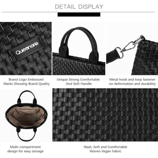 Queenoris Woven Bag for Women, Vegan Leather Tote Bag Summer Beach Fashion Shopper Handbag and Purse Handmade Crossbody Bag