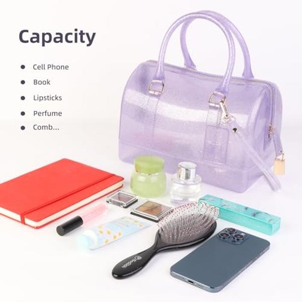 MIFORINES Ladies Summer Jelly Pillow-shaped Top Handle Handbag Candy Color Transparent Crystal Purse (Glitter Purple)