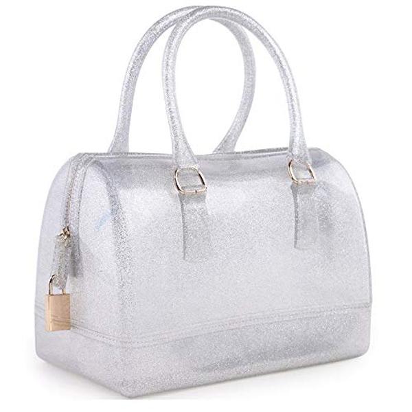 MIFORINES Ladies Summer Jelly Pillow-shaped Top Handle Handbag Candy Color Transparent Crystal Purse (Glitter Silver)