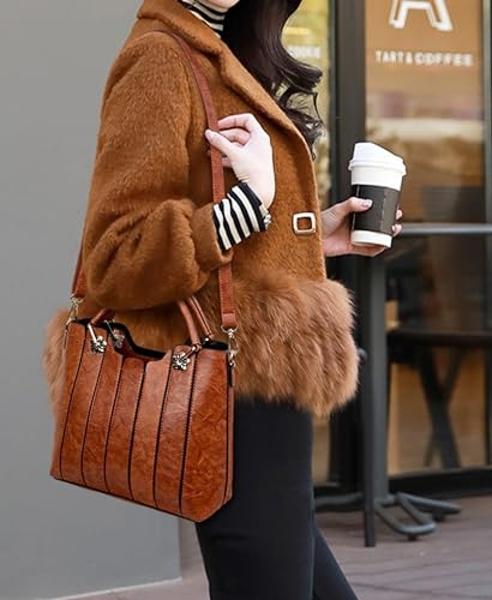 rofozzi Vegan Leather Purses for Women, Medium Handbag Fits 11-inch Tablet, Brown Tote for Office and Travel, Crossbody Satchel Bag