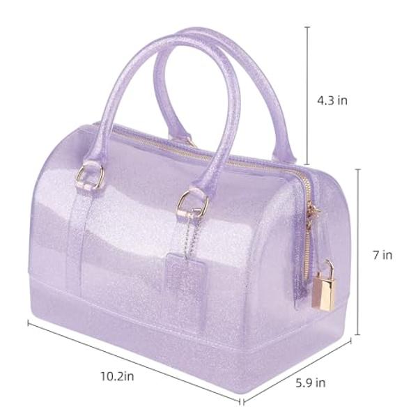 MIFORINES Ladies Summer Jelly Pillow-shaped Top Handle Handbag Candy Color Transparent Crystal Purse (Glitter Purple)