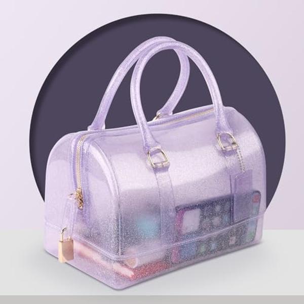 MIFORINES Ladies Summer Jelly Pillow-shaped Top Handle Handbag Candy Color Transparent Crystal Purse (Glitter Purple)