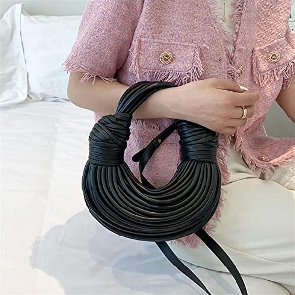 Gimue Hand-Woven Crossbody Bag for Women, Small Leather Clutch Purse, Knotted Bread Handbag, Top Handle Noodles Satchel Bag (Black)