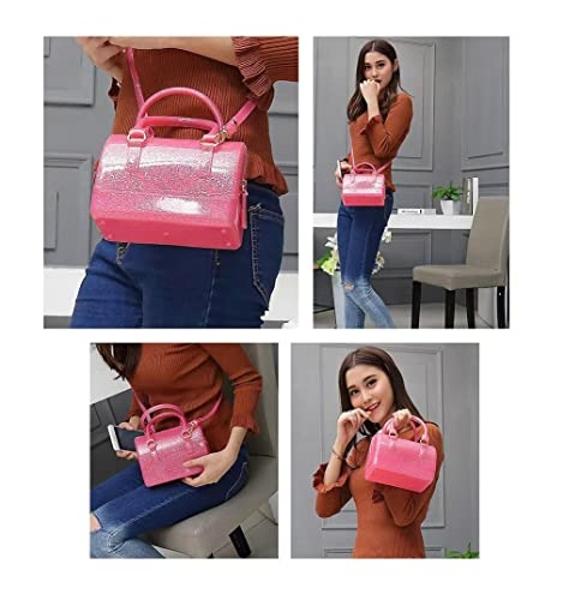 Ladies Summer Jelly Pillow-shaped Top Handle Handbag Candy Color Transparent Crystal Purse (Glitter Fushia Mini)