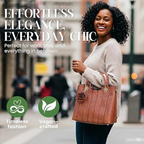 rofozzi Vegan Leather Purses for Women, Medium Handbag Fits 11-inch Tablet, Brown Tote for Office and Travel, Crossbody Satchel Bag