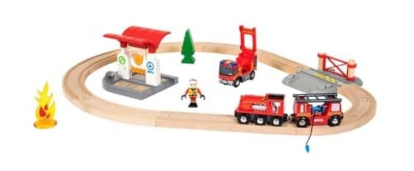 BRIO 33815 Rescue Firefighter Set | 18 Piece Train Toy Set with Fire Truck and Accessories | Kid-Friendly Wooden Tracks | Ideal for Toddlers Aged 3 and Up