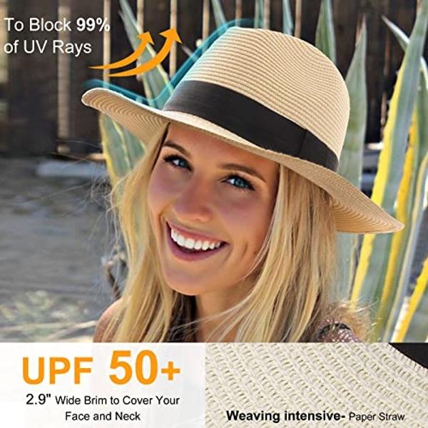 DRESHOW Women Straw Panama Hat Travel Fedora Beach Sun Hat Summer Wide Brim Straw Roll up Hat UPF 50+